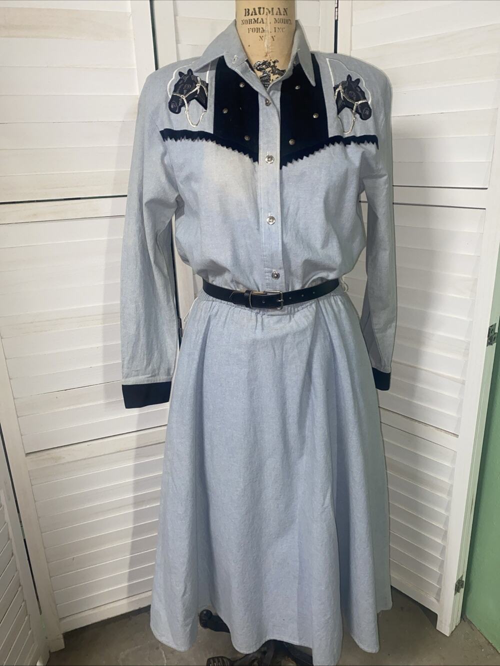 80s 90s Wildfire Western Cowgirl Maxi Shirt Fit Flare Dress Equestrian Small